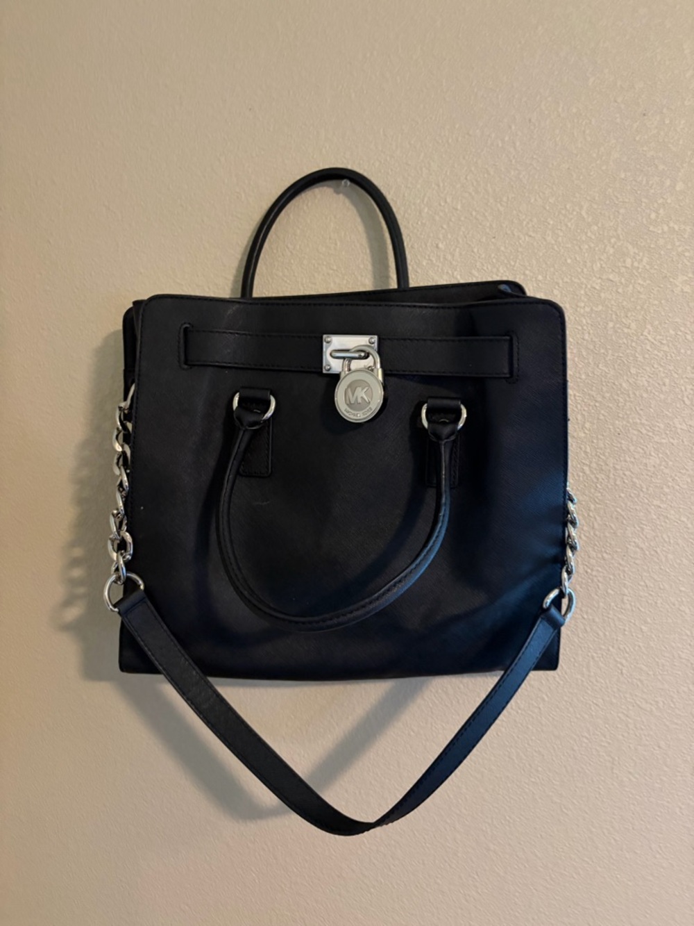 Michael Kors Black Saffiano Satchel with Silver Chain Detail
